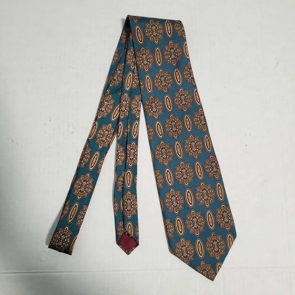 Christian Dior Monsieur Silk Tie Teal Medallion Geometric Woven Italy USA Mens